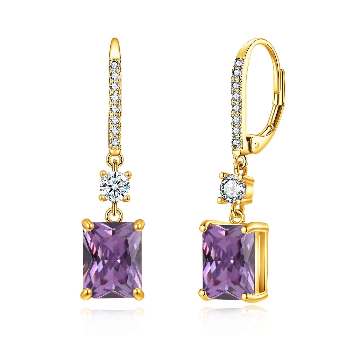 CiNily Leverback Earrings for Women Rectangular-cut Drop Dangle Earring Hypoallergenic, 14K Gold Plated Purple Cubic Zircon Earrings Diamond Dangle Ear Rings Jewelry Birthday