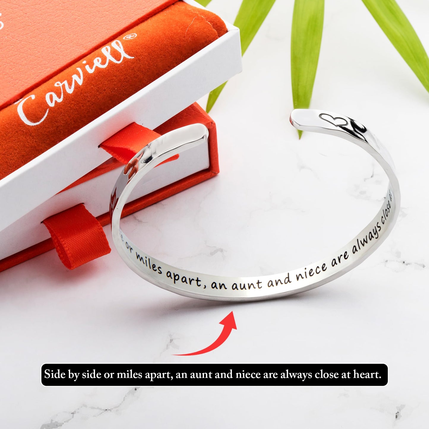 Carviell Aunt Niece Bracelet – “Side by Side or Miles Apart” Engraved Cuff, Aunt and Niece Jewelry, Meaningful Gift for Women, Birthday, Christmas, Long Distance Relationship Silver Bangle