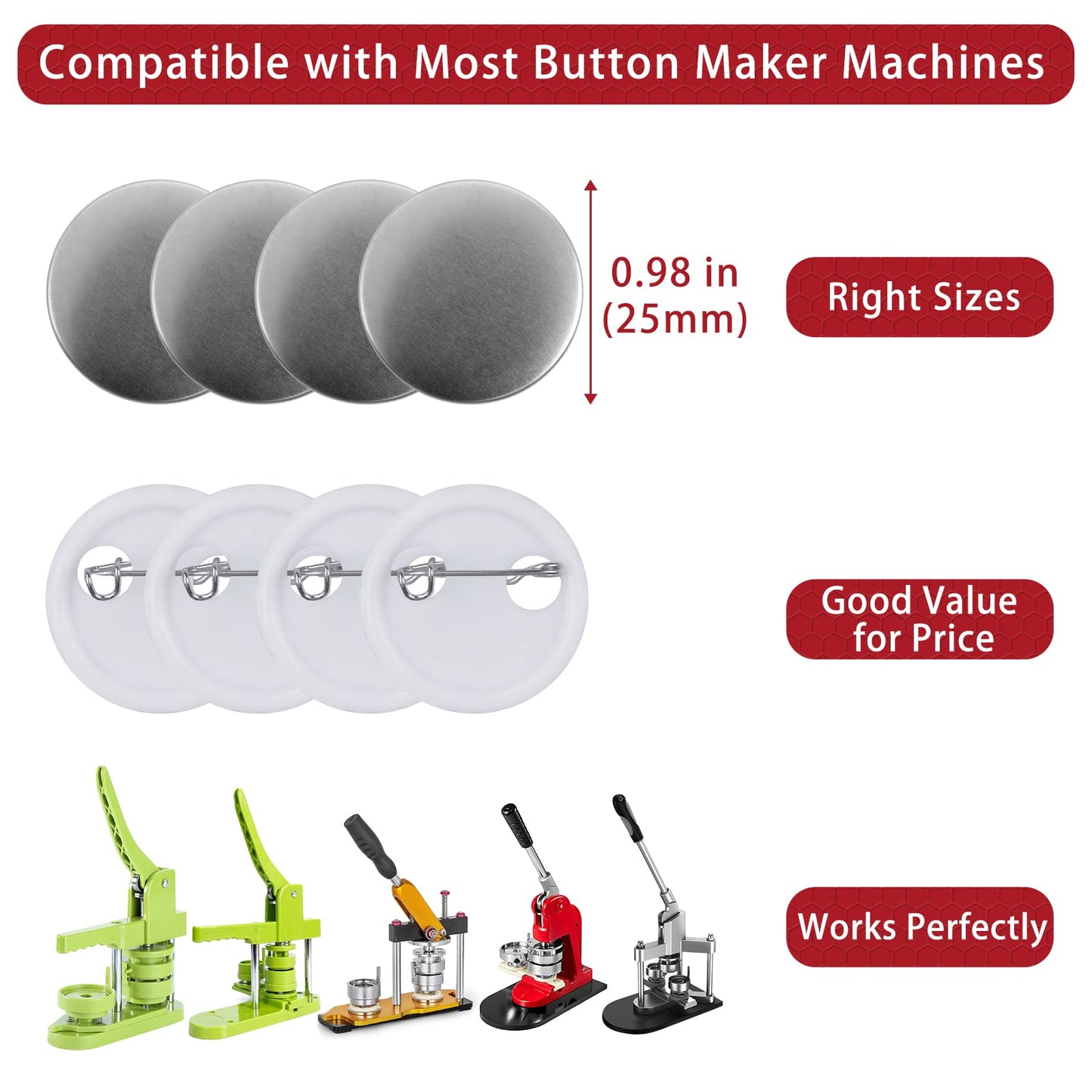 Onemorello 200 Sets Button Maker Supplies, 0.98 inch / 25mm Button Parts Buttons Supplies, Approx. 1 in Blank Badge Parts with Blank Paper for Buttons Maker Machine Pin Maker Press