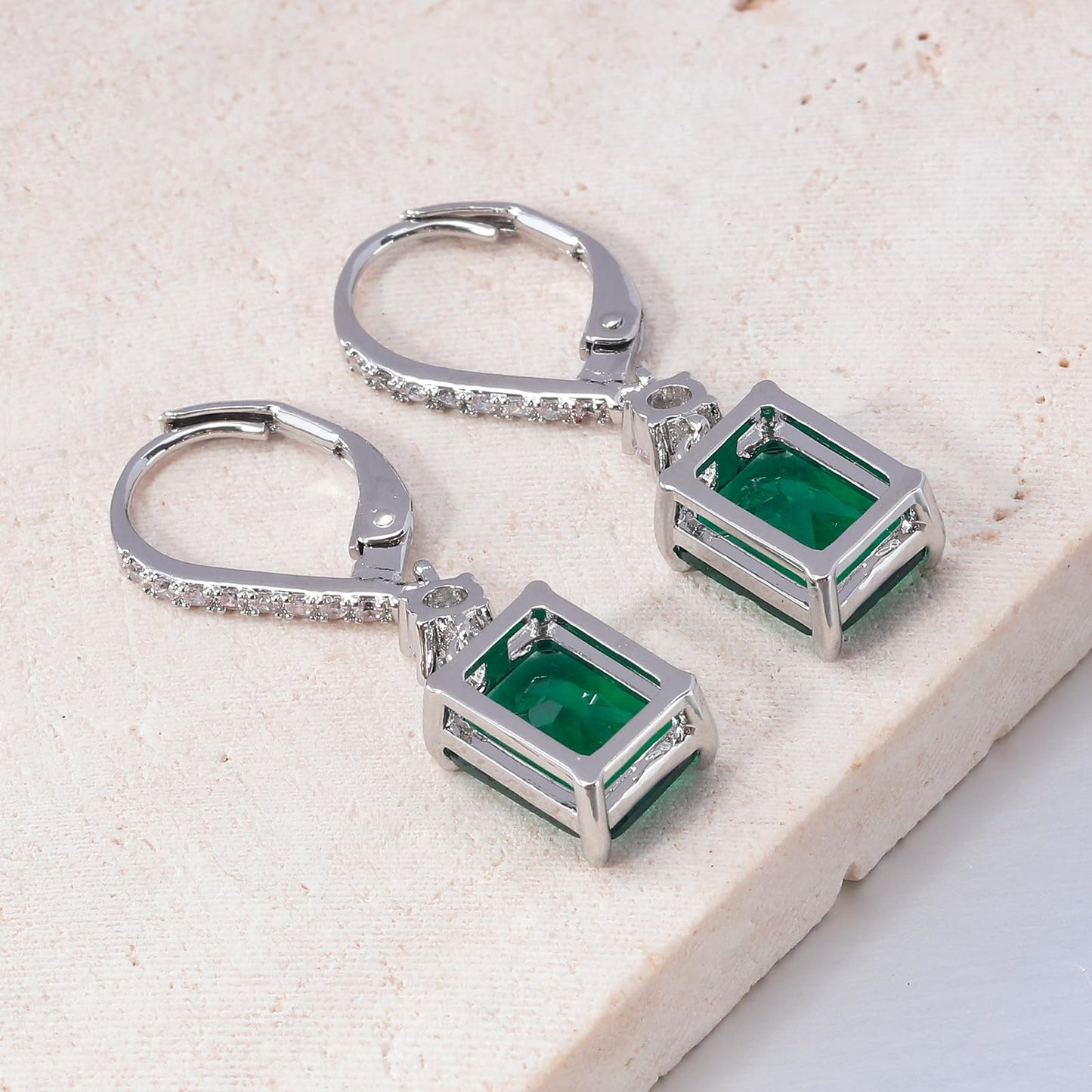 CiNily Leverback Earrings for Women Rectangular-cut Drop Dangle Earrings Hypoallergenic, 14K White Gold Plated Emerald Green Cubic Zircon Earrings Diamond Dangle Earrings Jewelry Birthday