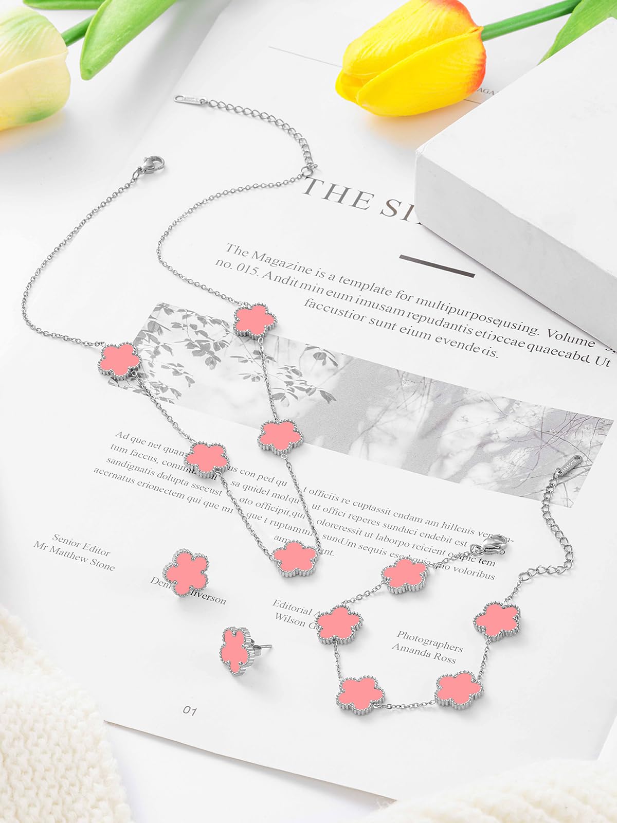 Qinpan Five Leaf Clover Necklace Bracelet and Stud Set for Women Lucky Flower Jewelry (Pink-Stainless Steel)