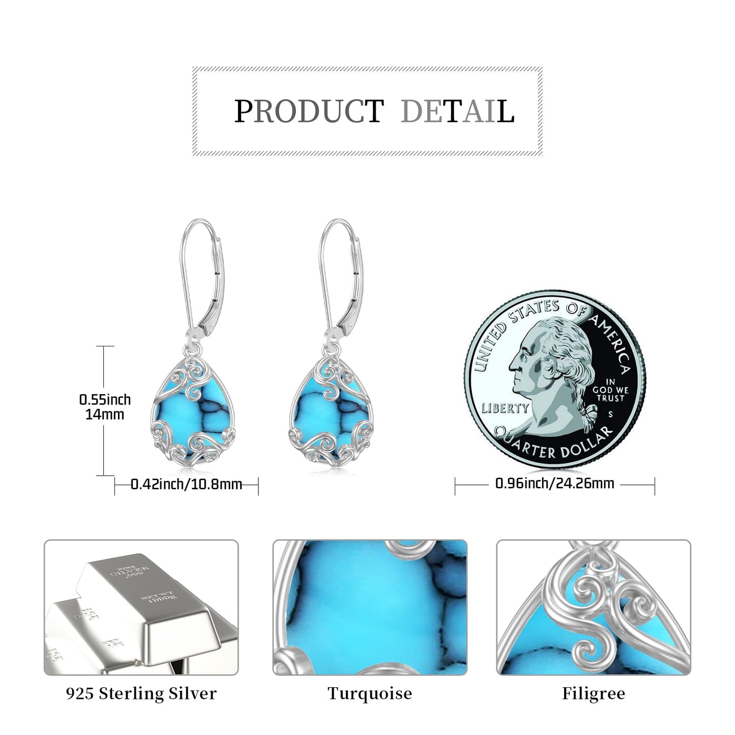 KoyeKei Turquoise Filigree Leverback Earrings for Women 925 Sterling Silver Turquoise Teardrop Dangle Drop Earrings Filigree Jewelry Anniversary Graduation Gifts for Wife Her Girlfriend