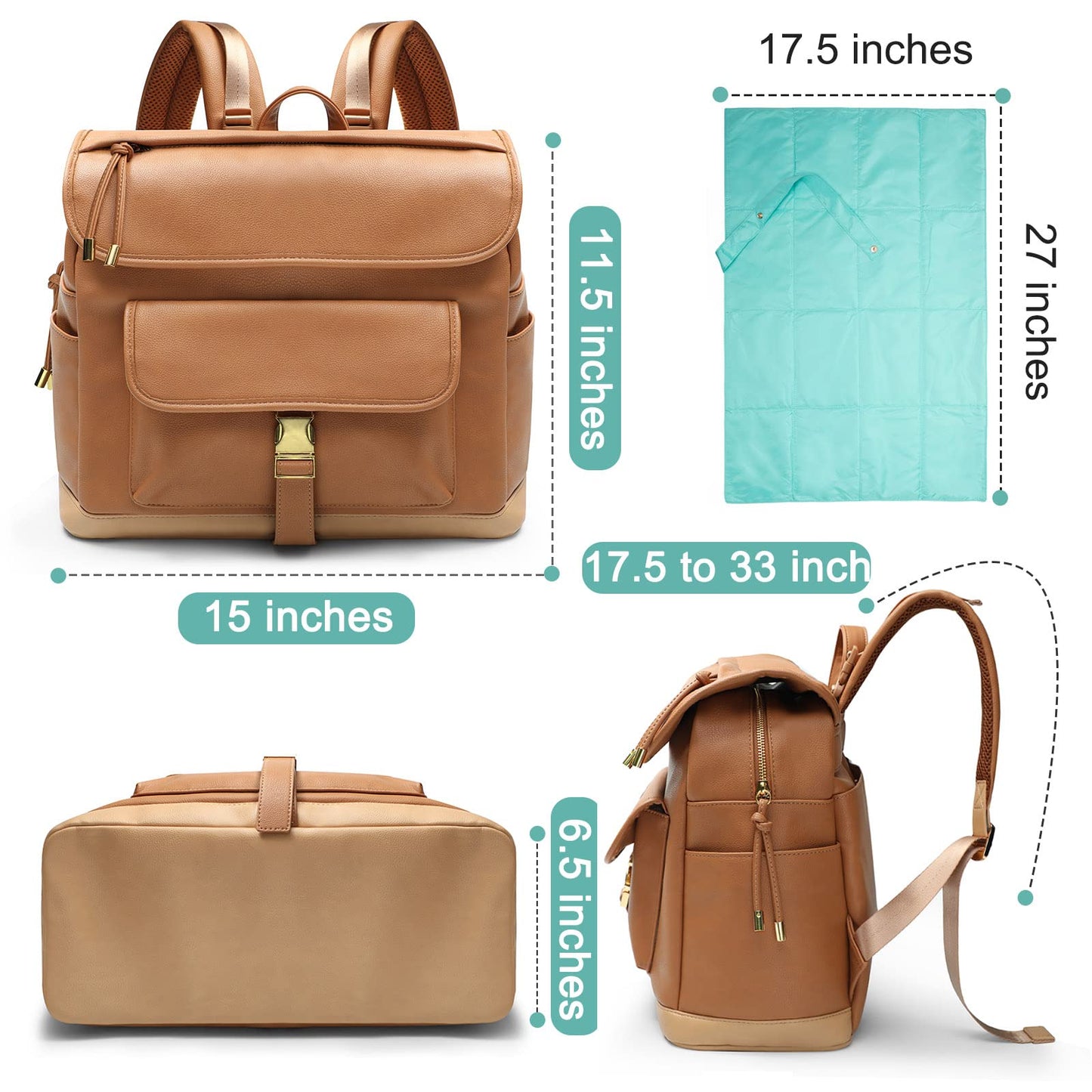 MOMINSIDE Diaper Bag Backpack, 12 Pockets Leather Mini Diaper Bag, Baby Bag Backpack, Baby Registry Search, 4 Insulated Pockets, Changing Pad, Stroller Straps(Brown)