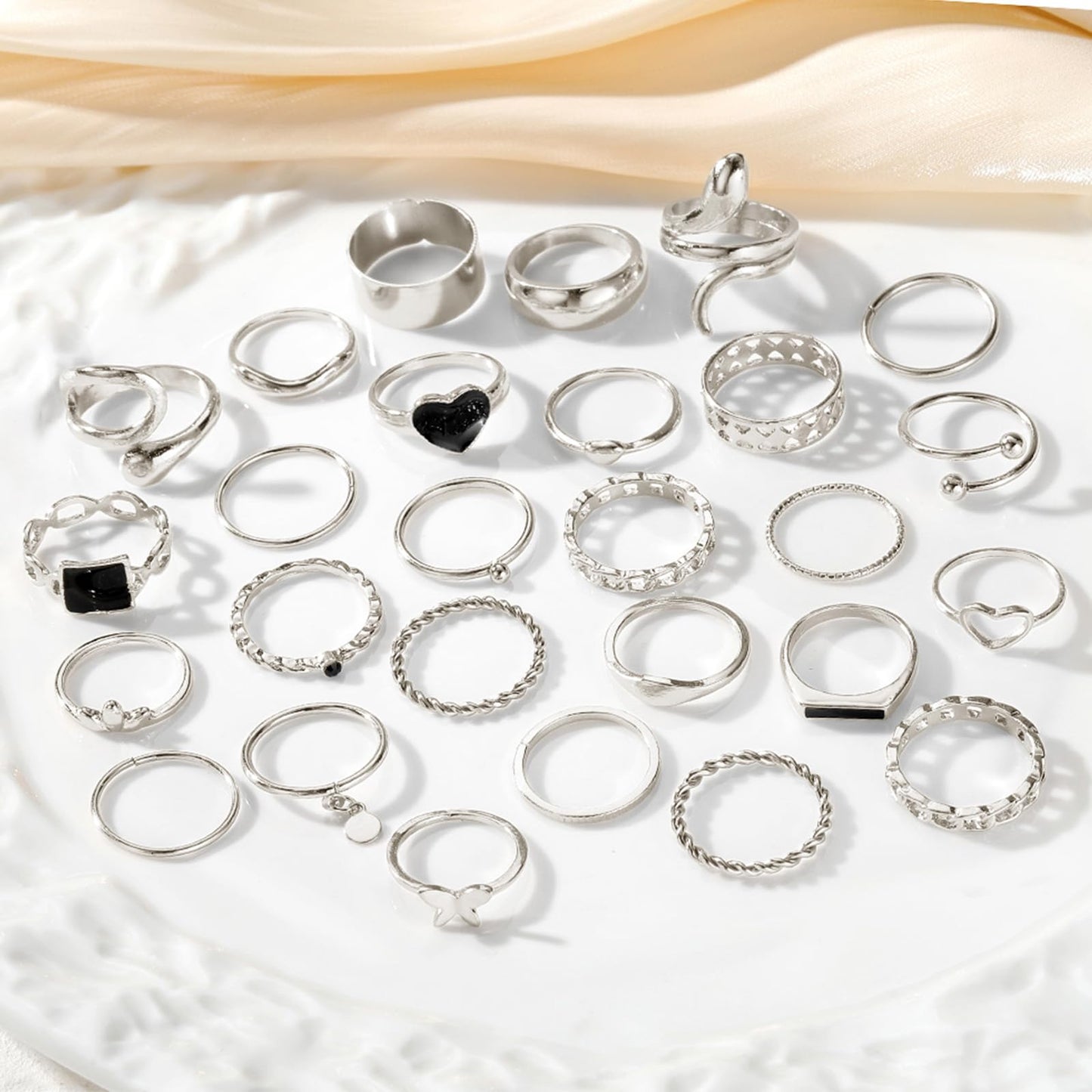 IFKM 27 Pcs Silver Knuckle Rings Set For Women Vintage Stackable Joint Finger Midi Rings Dainty Cubic Zirconia Crystal Simple Twist Hollow Cute Rings Pack Jewelry Gift (Hidden Love, Silver)