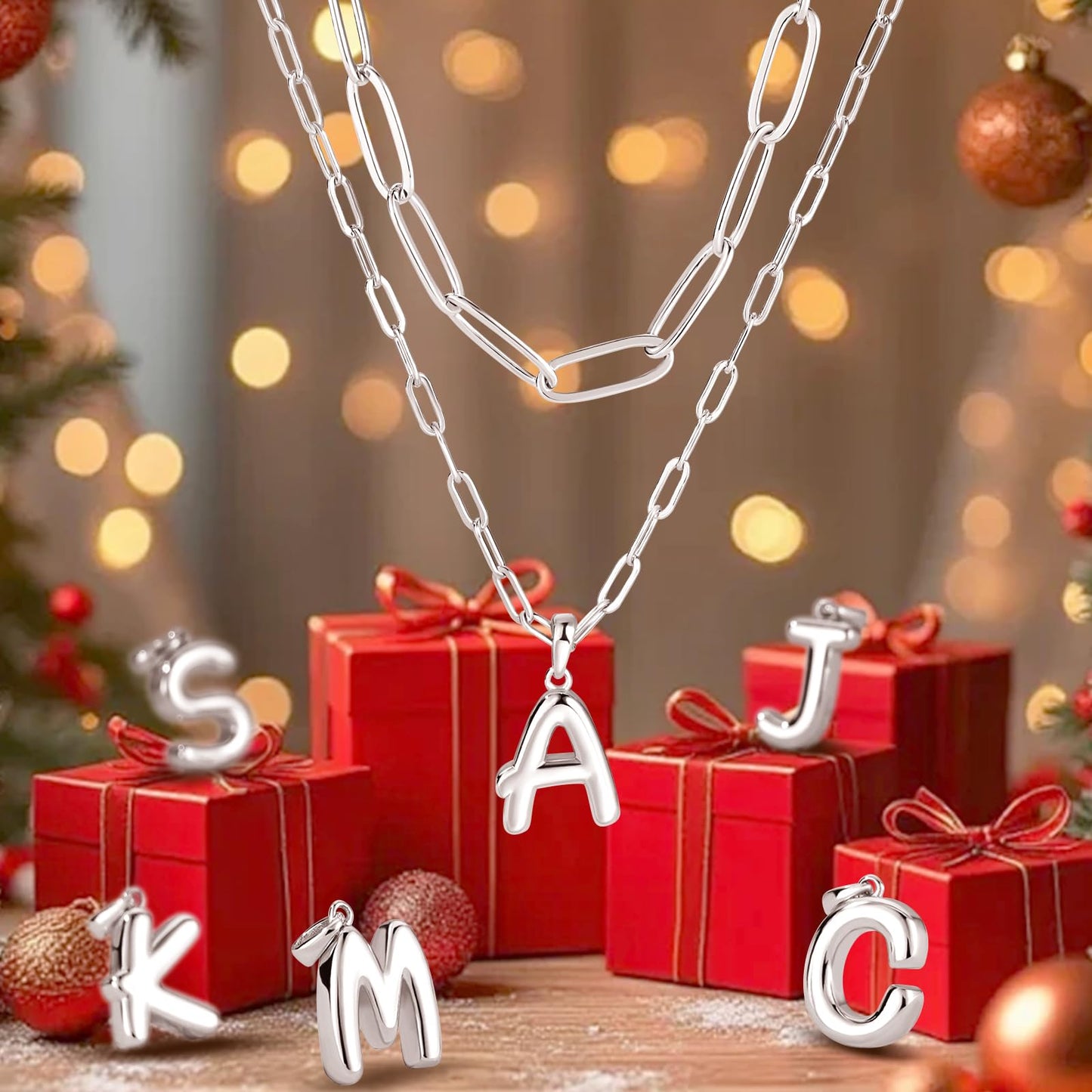 adoyi Silver Initial Necklace for Women 14k Gold Plated Layered Bubble Letter Necklaces Trendy Jewelry Chain Name U Pendant Necklace Stack Birthday Valentines Gifts