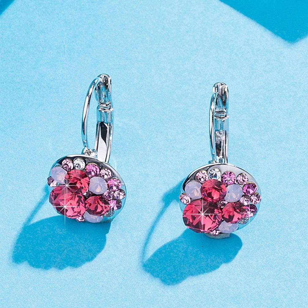 Multicolored Austrian Crystal Earrings for Women 14K Gold Plated Leverback Dangle Hoop Earrings (Pink Red Crystals/Silver-tone)