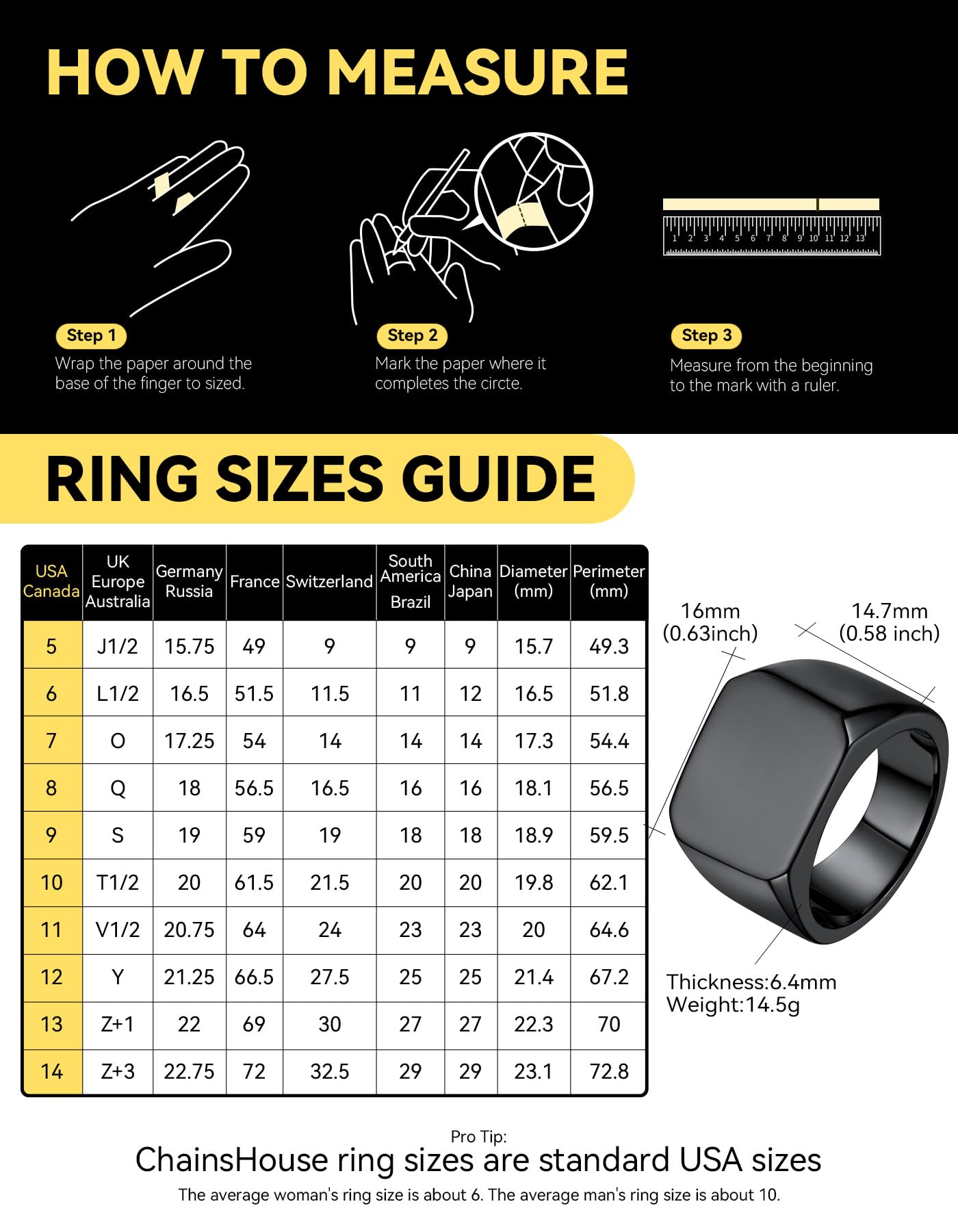 Black Signet Rings for Men Women Solid Polished Stainless Steel Biker Ring Gift for Dad Size 7