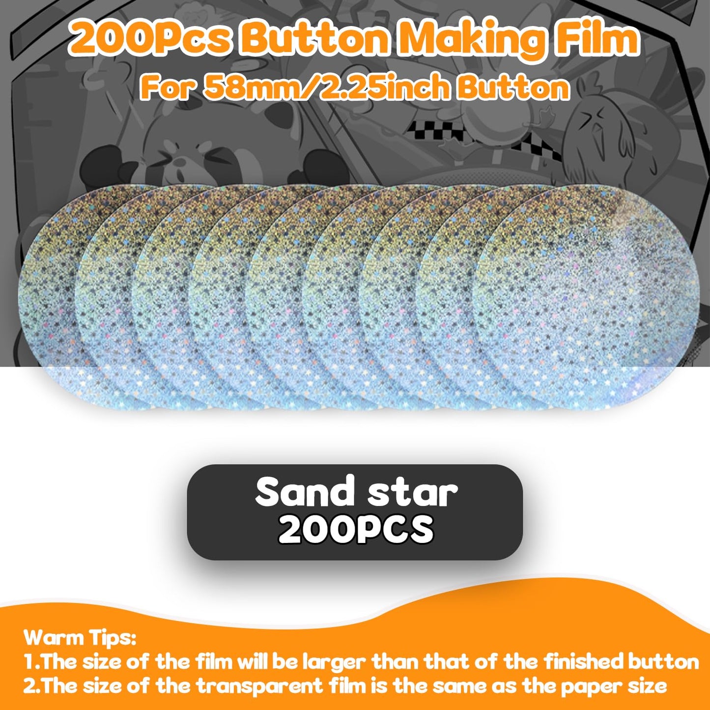 200 PCS Badge Film for Your 58mm / 2.25 in (Approx. 2-1/4 inch) Round Button Maker Machine，8 Different Holographic Button Making Supplies Film (200pcs Sand Star for 2.25inch Badge)