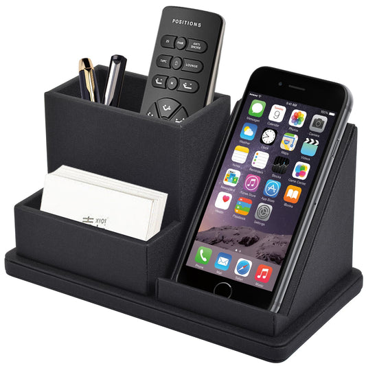 XNONE Pu Leather Desk Pen/Pencil Organizer Multi-Function Cell Phone/Remote Control Storage Box with 3 Compartments Office Supplies Sticky Note Tray Business Cards Holder,Black