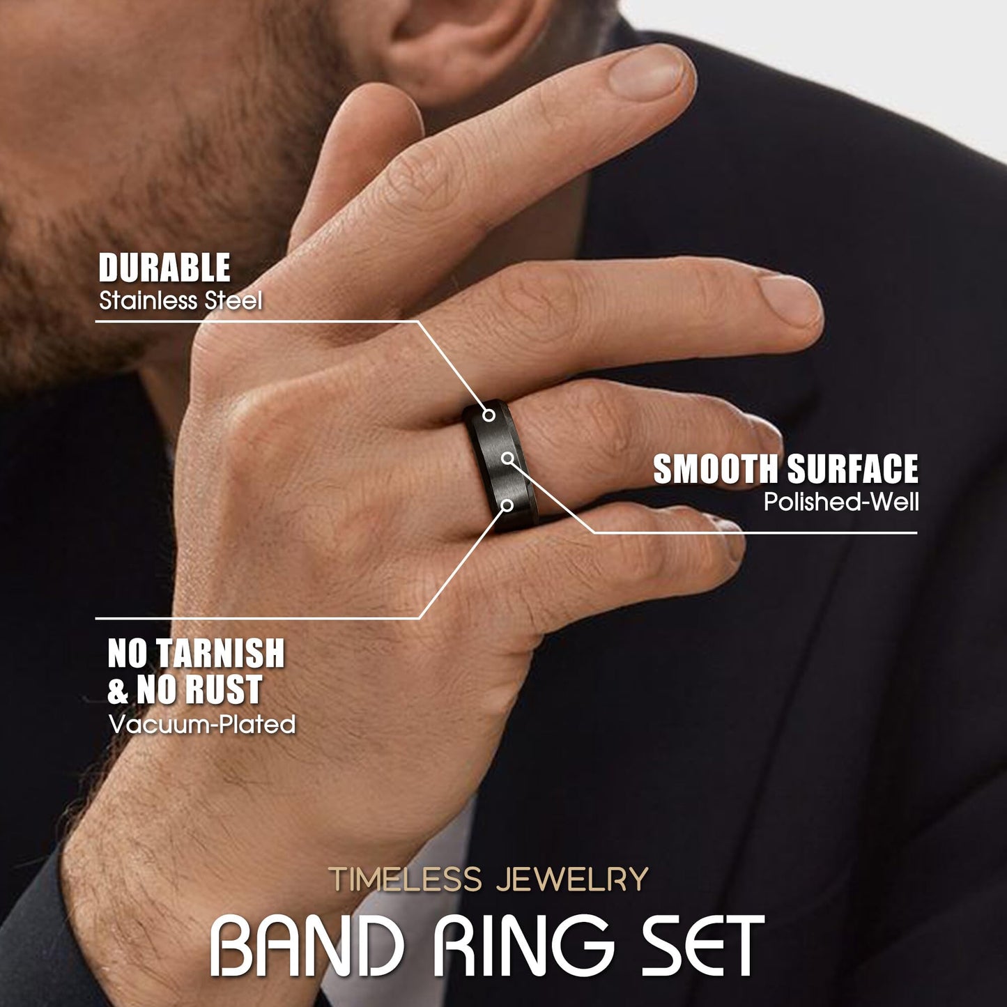 Jstyle Stainless Steel Rings for Men Women 8MM Wedding Band Rings Matte Surface - Beveled Polished Edge Mens Ring Size 10 Black Ring for Men