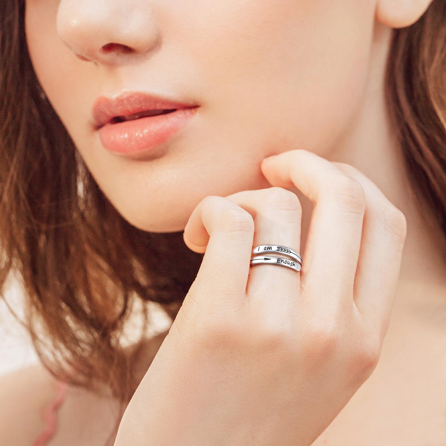 Ladytree Adjustable Inspirational Rings 925 Sterling Silver Stacking Wrap Spiral Twist Statement Band Encouragement Jewelry Birthday Gift for Women Men(I am Enough Worthy,Strong,Loved)