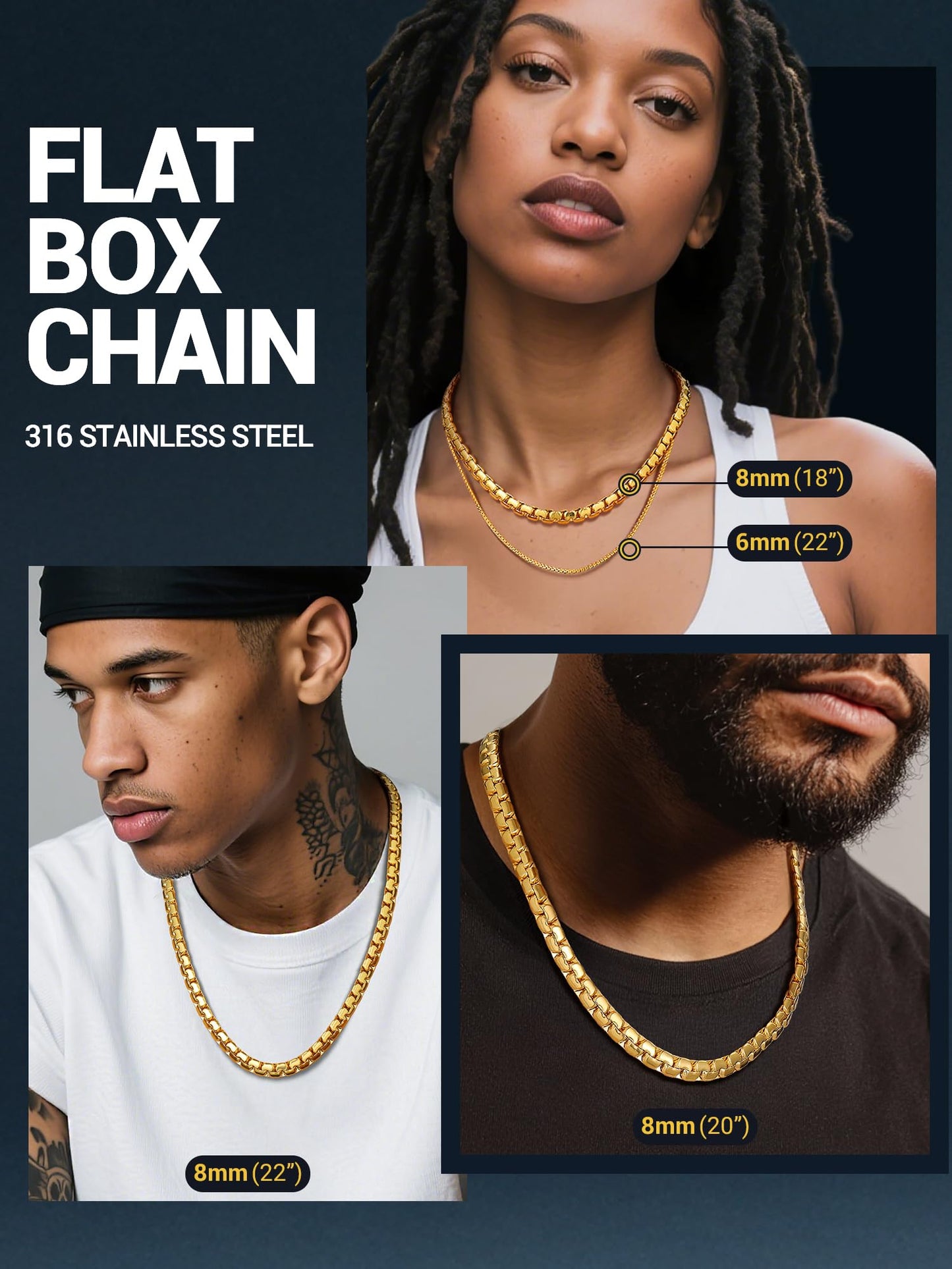 PROSTEEL Gold Chain for Men 8mm Tarnish-Resistant & Hypoallergenic Chunky Flat Box Necklace for Mens Jewelry