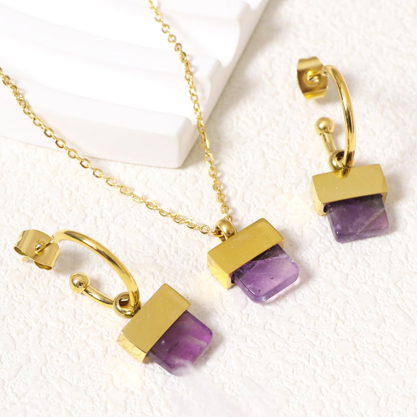 TaYolnFaSo Natural Amethyst Necklace and Earrings Set for Women 18K Gold Plated Amethyst Jewelry Set Square Gemstone Jewelry Gift