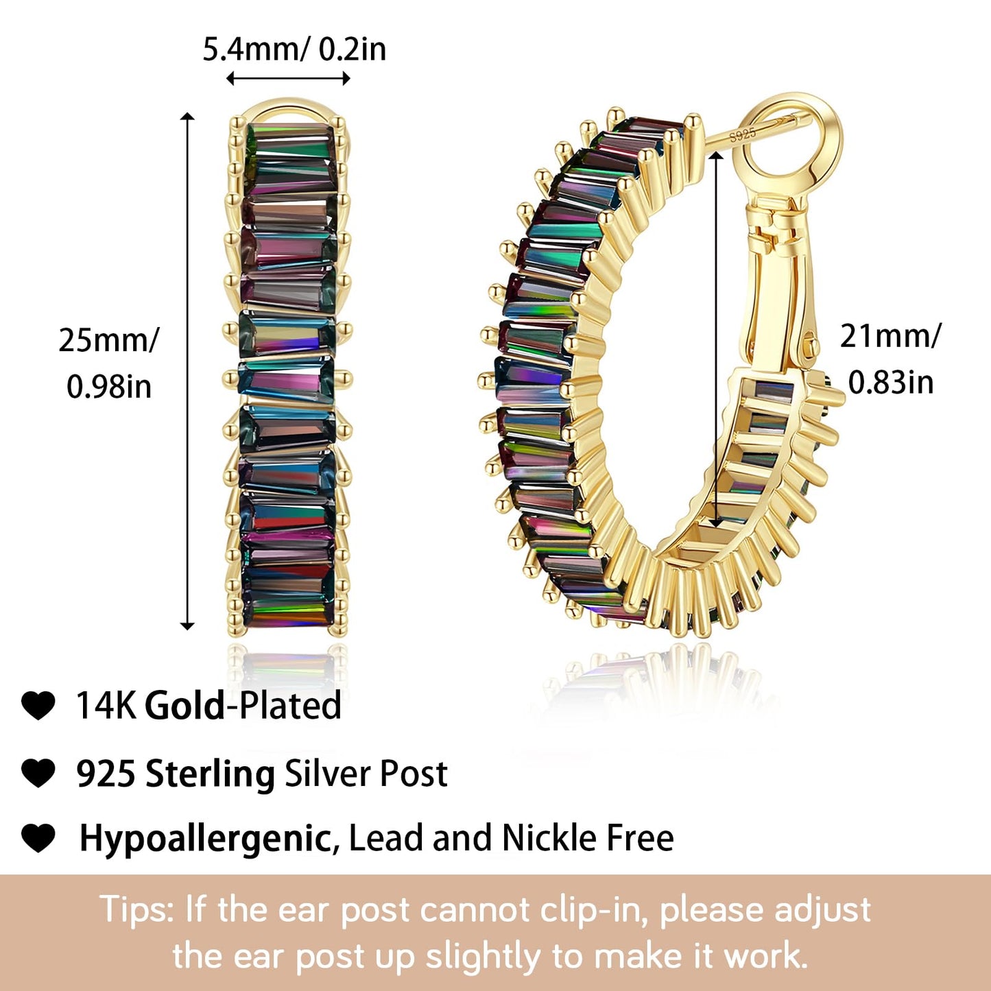 GLOQUAT Mystic Rainbow Quartz Earrings 14K Gold Plated Mystic Topaz Crystal Hoops for Women S925 Silver Post Vintage Baguette Cubic Zirconia Gold Round Circle Hoops Trendy Rhinestone Jewelry 25mm