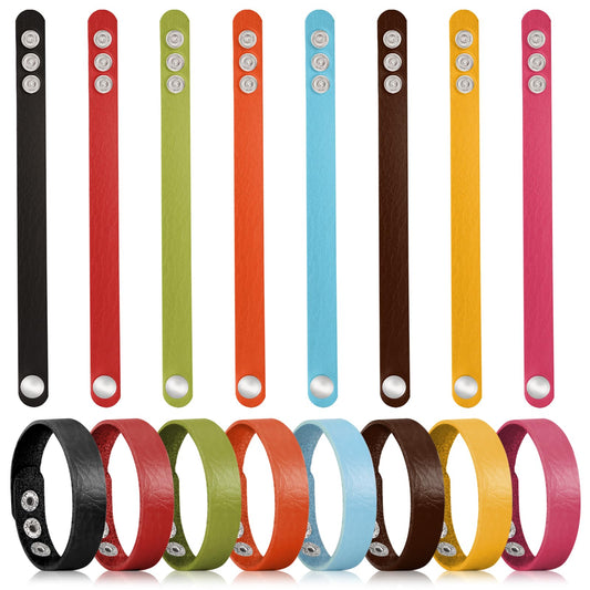 DANUDON 16 Pcs Leather Bracelet Blanks, Leather Snap Bracelets for Stamping Engraving Adjustable Plain PU Wristband Snap Bracelets Leather Cuff Bracelets for Men Women