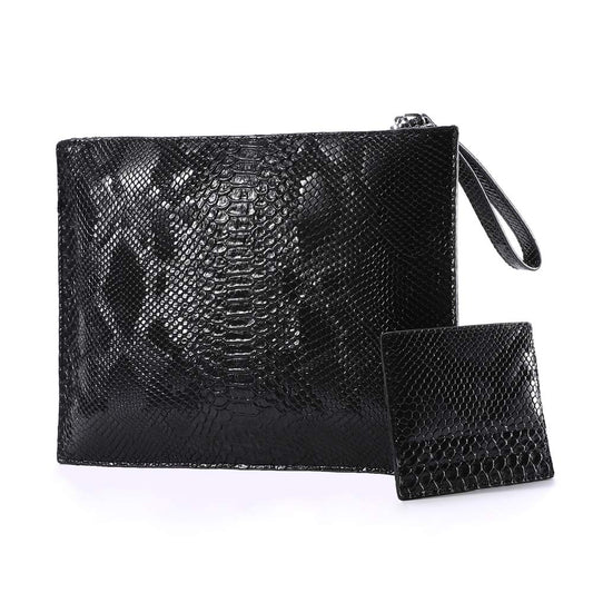 NIGEDU Women Clutches Fashion Snakeskin PU Leather Party Envelope Purse Bag with Hand Strap (Black)