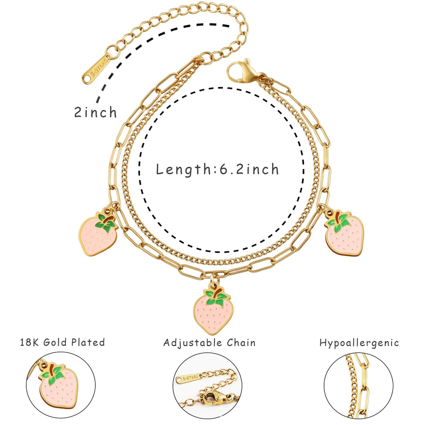 LCTrusttmor Gahna Strawberry Bracelets for Women, 18K Gold Plated Pink Strawberry Fruit Charms with Adjustable Layered Chain Link for Women Summer Jewelry Gifts