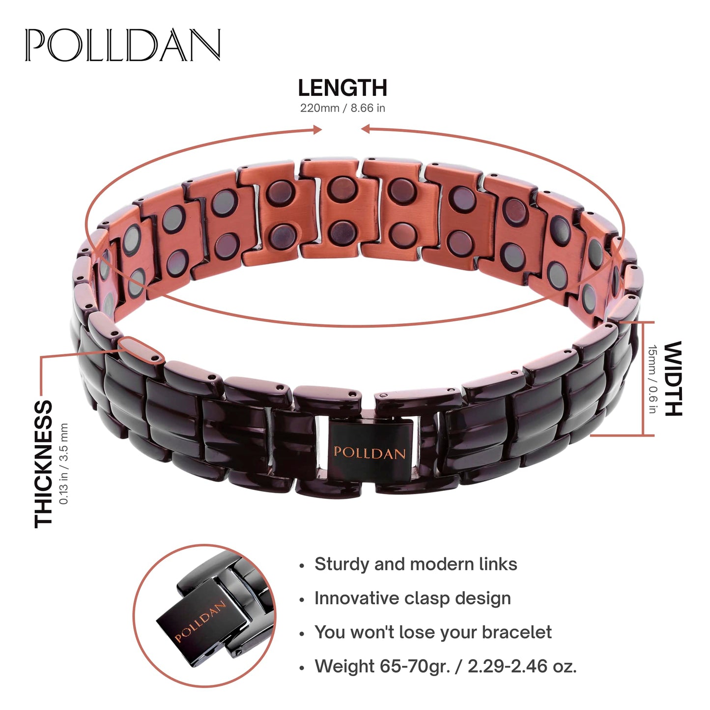 POLLDAN Copper Bracelet 6200 Gauss Power | Mens Bracelet 99.99% Pure Copper | Magnetic Bracelets for Men with Adjustable Fit & Sizing Tool | Stylish Jewelry | Magnet Gifts for Him (2X Black Copper)