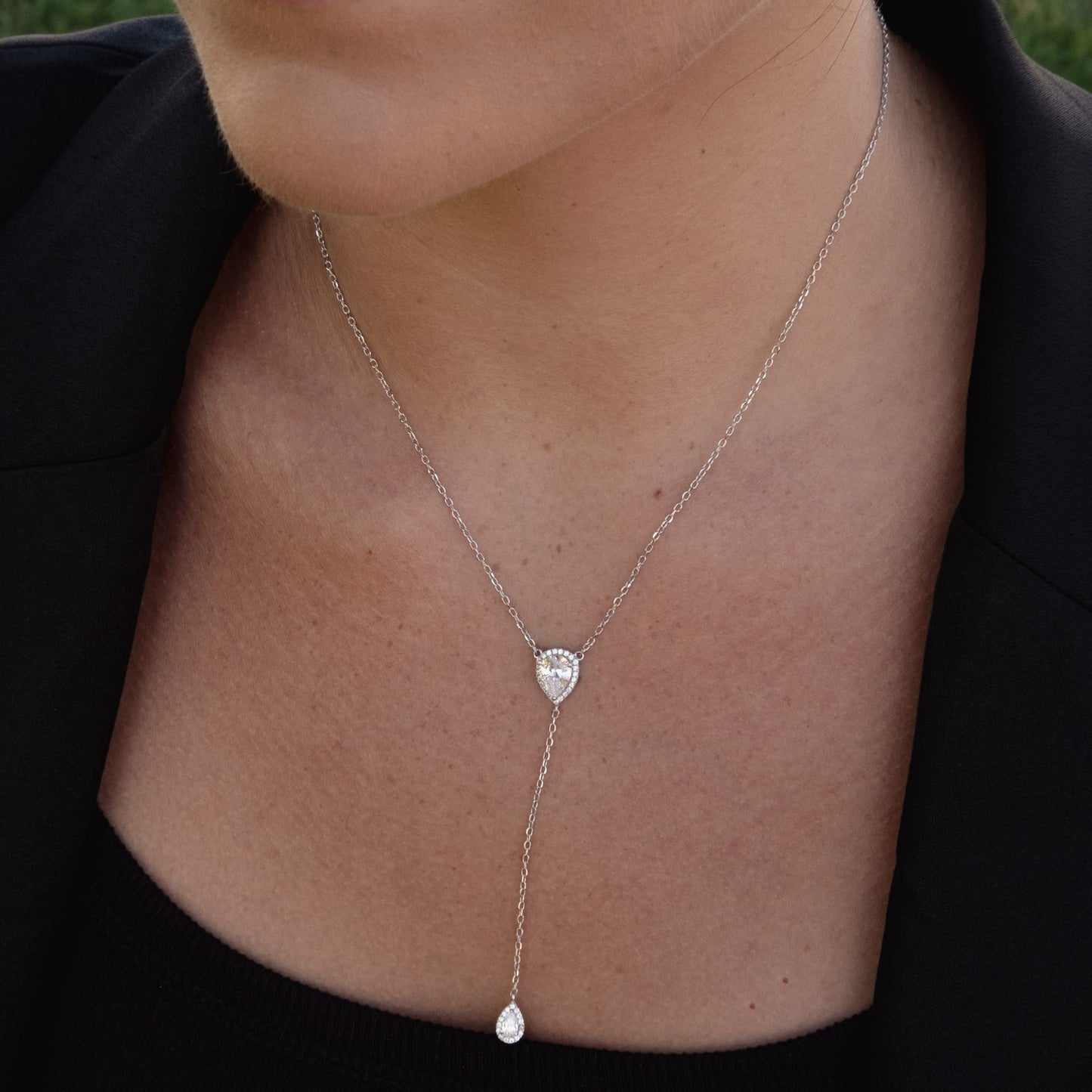 CZ Pear Drop Lariat Necklace 16" with 2.75" Y Drop Adjustable, White Gold Finish