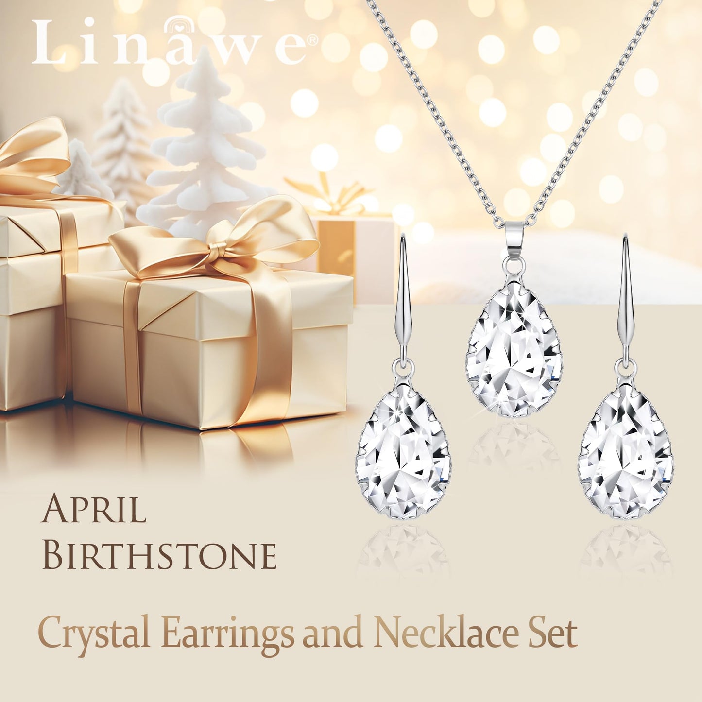 Linawe Crystal Imitation Diamond Wedding Jewelry Sets for Brides Bridesmaid, Silver Pendant Necklace Set, Rhinestone Drop Dangle Earring Set, Cubic Zirconia Birthstone Teardrop Matching Jewelry