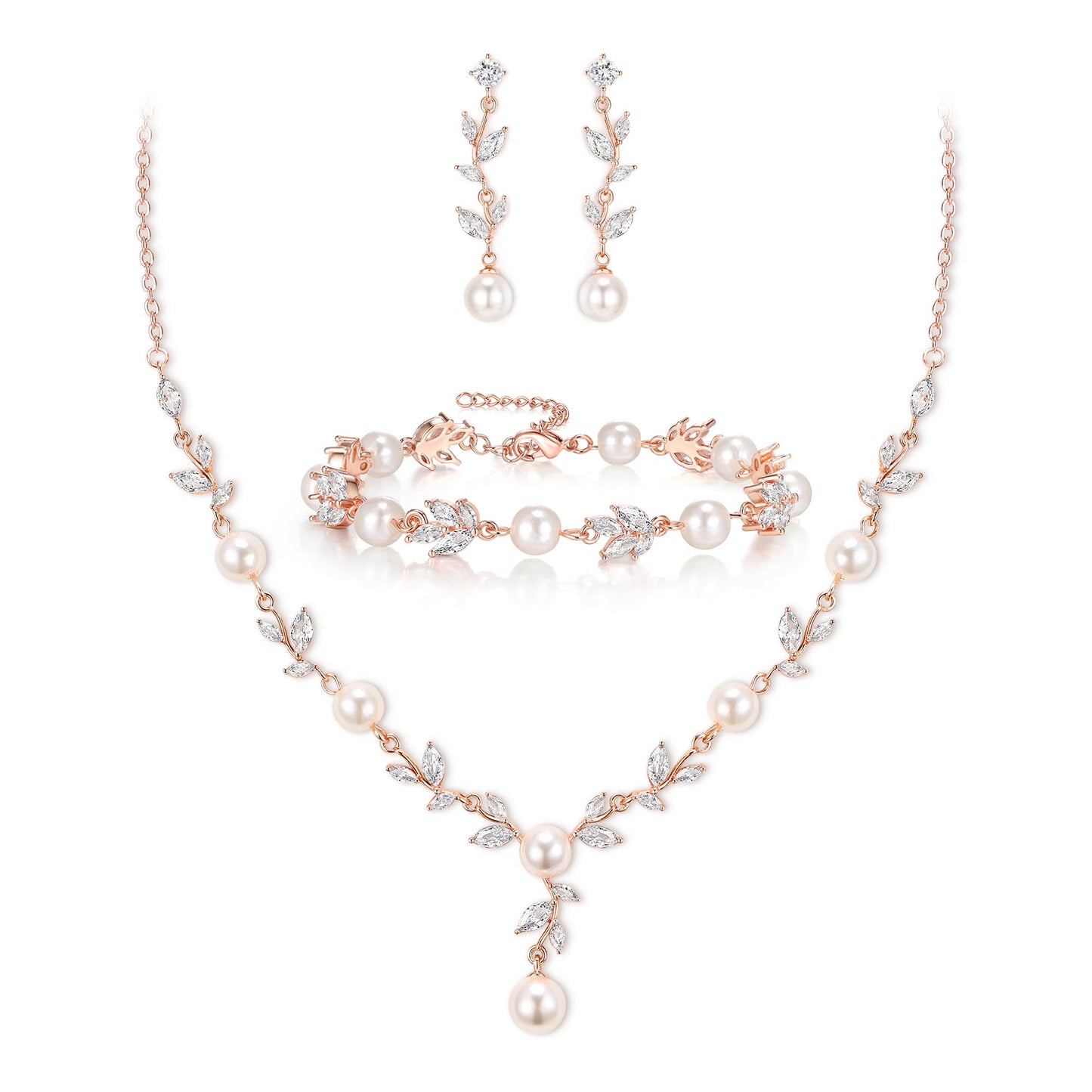 EVER FAITH Bridal Jewelry Set for Bride Bridesmaid, White Marquise Cubic Zirconia Rose Gold-Plated-Brass Faux Pearl Leaf Vine Party Prom Necklace Dangle Earrings Bracelet for Women