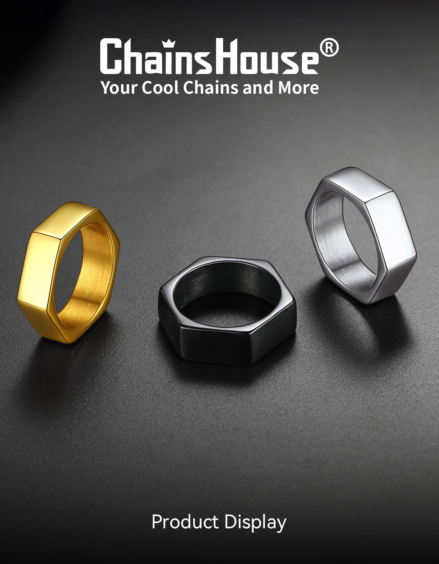 ChainsHouse Gold Hexagon Geometric Ring for Men Women, Cool Punk Hip Hop Biker Band Rings(Size 13)