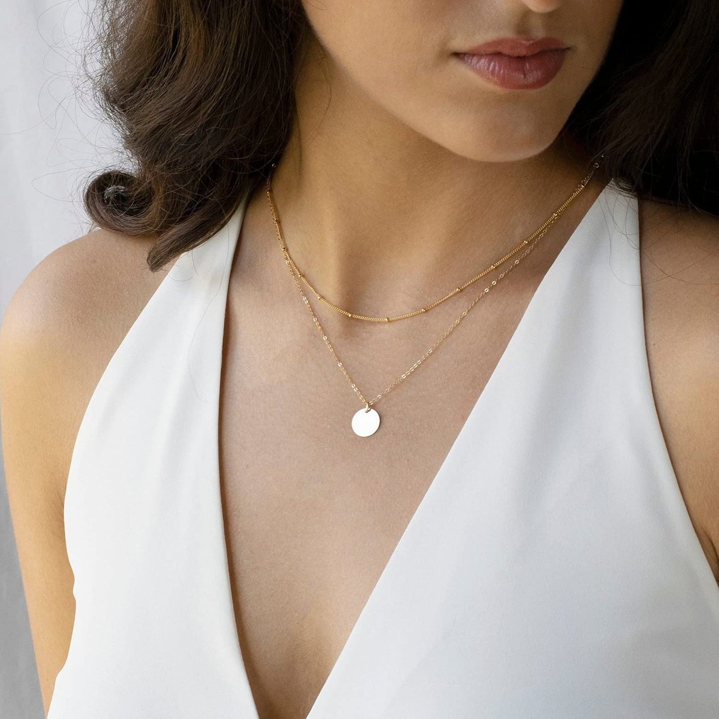 MEVECCO Sliver Necklace for Women Layered Circle Coin Disc Sliver Plated Dainty Satellite Bead Chain Simple Layer Jewelry