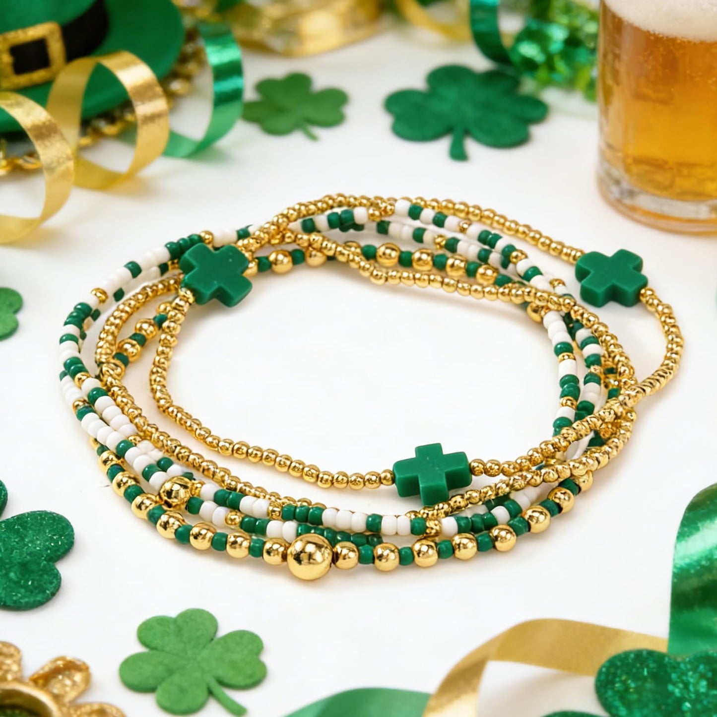 Bohxantium St. Patrick's Day Green Beaded Cross Bracelet for Women Stackable Lucky Stretch Gold Beads Ball Jewelry Cross Charm Holiday Bracelet Party Festive Friendship St. Patrick's Gifts for Women