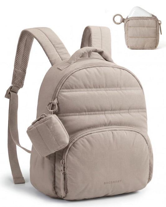 BAGSMART Small Backpacks for Women, Lightweight Puffer Mini Backpack Purse with Pouch, Quilted Casual Daypack, Water-Resistant Bookbag for Daily Travel College, 2-in-1 Set, Latte Brown