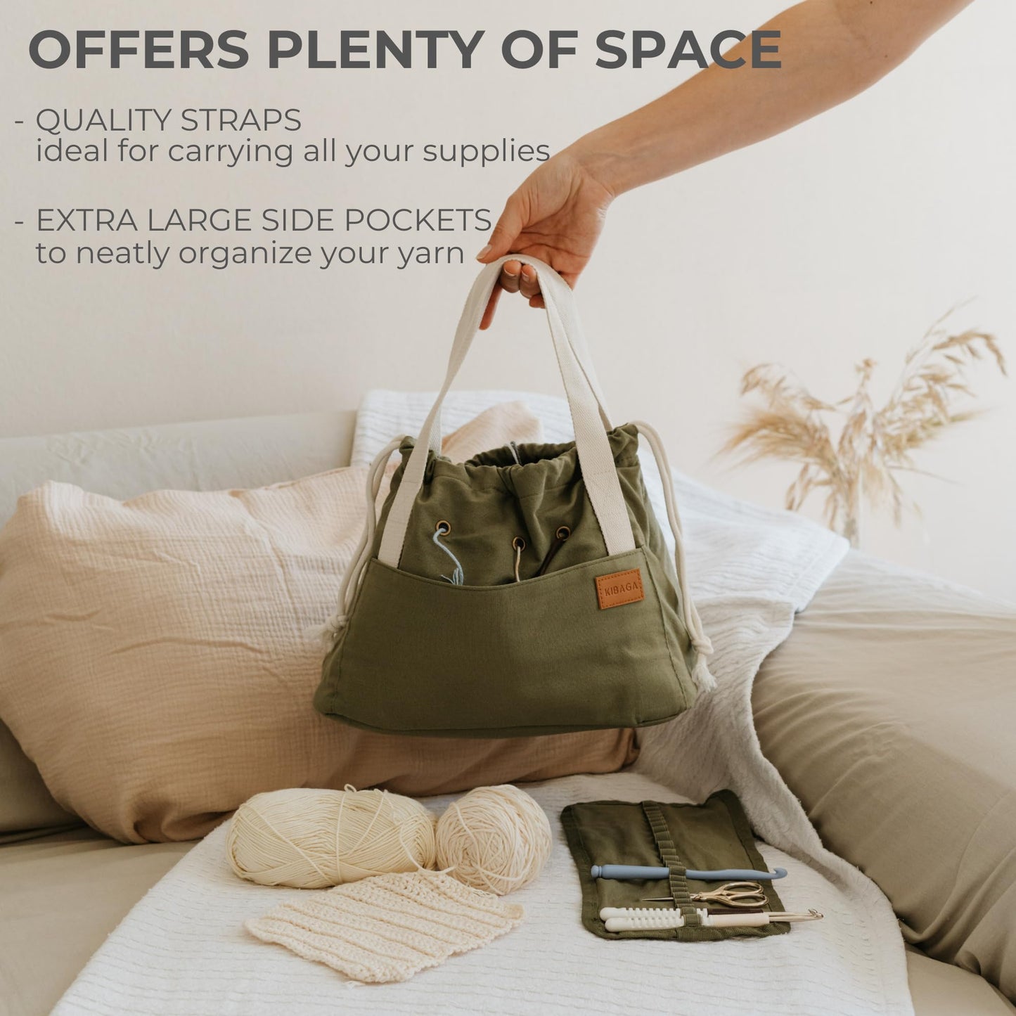 Stylish Crochet Bag Organizer Easily Organizes Your Yarn - Durable Canvas Bag w/ 8 Pockets Stores Plenty of Yarn Skeins & Crocheting Supplies/Accessories - Perfect Basket for Gifting to Knitting Fans