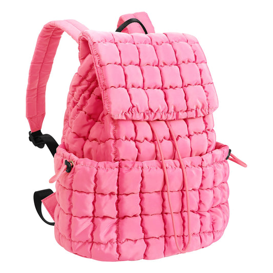 XSUIOY Quilted Backpack Purse for Women Small Lightweight Puffer Puffy College Laptop Backpack Nylon Casual Bookbag Daypack Top Flap Drawstring Padding Hiker Travel Gym Backpack(Pink)