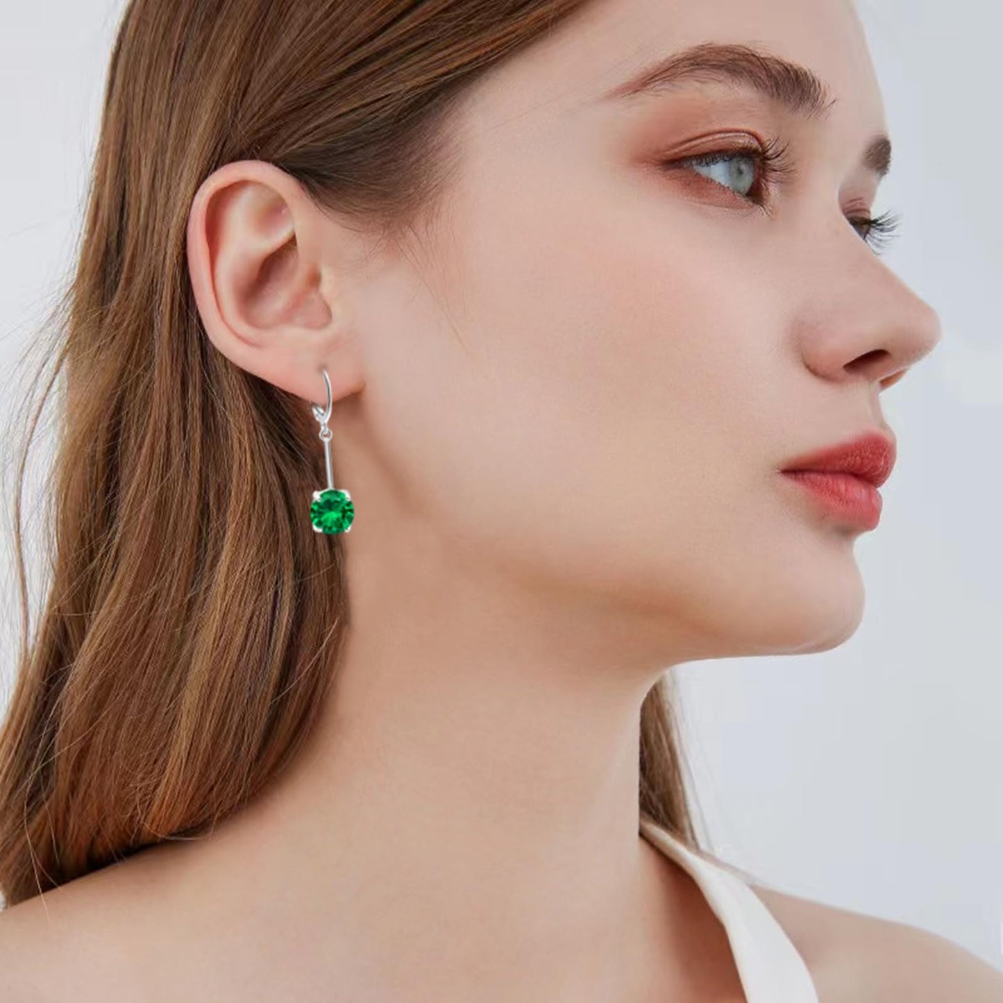 VONSSY Gemstone Drop Dangle Earrings | Platinum /Gold Plated Leverback Crystal Cubic Zirconia Hanging Red /Pink/Blue Earrings (Green-Platinum)