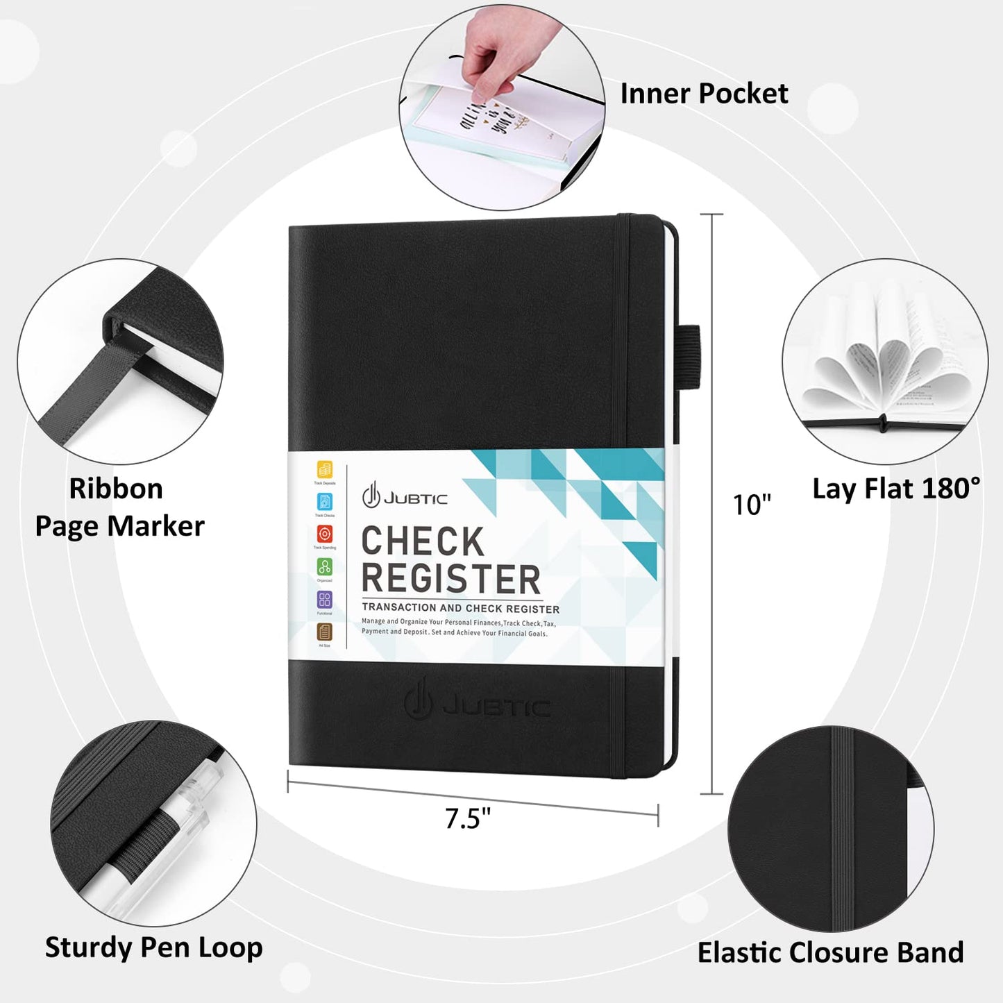 JUBTIC Hardcover Check Registers for Personal Checkbook(7.5x10″), Large Accounting Ledger for Small Business,Check Register Book Transaction Registers to Track Income & Expenses, Bank Account - Black