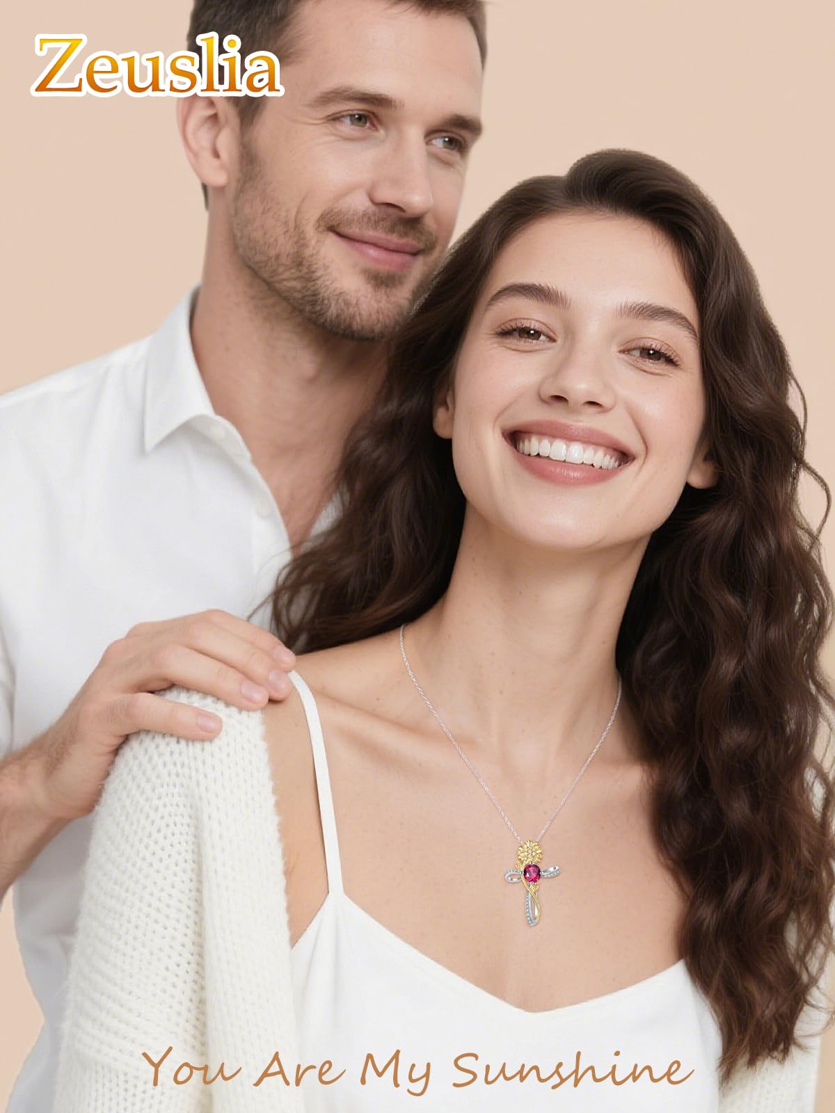 Zeuslia Cross Necklace for Women Sterling Silver Cross Pendant Jewelry with Sunflower Ruby July Birthstone Necklace Christian Religious Baptism First Communion Confirmation Birthday Gifts for Women