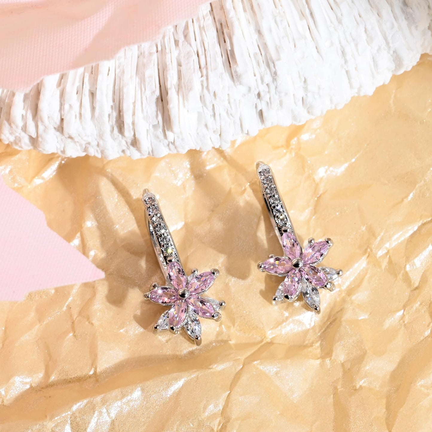 Watforsh 925 Sterling Silver Flower Earrings for Women Dangling Leverback Earrings with Pink and White Crystal Double Floral