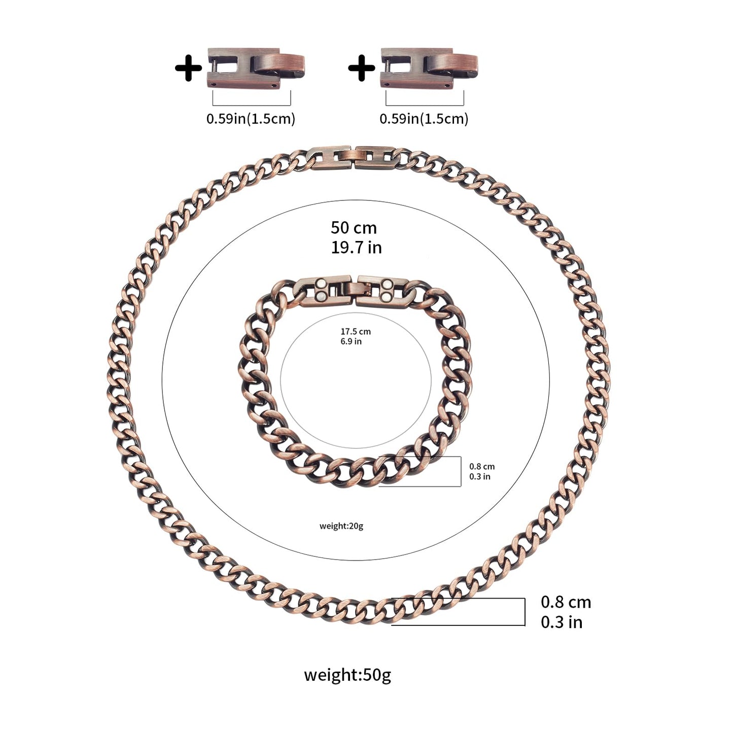 MagSølv Pure Copper Bracelet Necklace for Women Men, Copper Chain Recklace Set, Adjustable Jewelry Gifts（19.7inch）