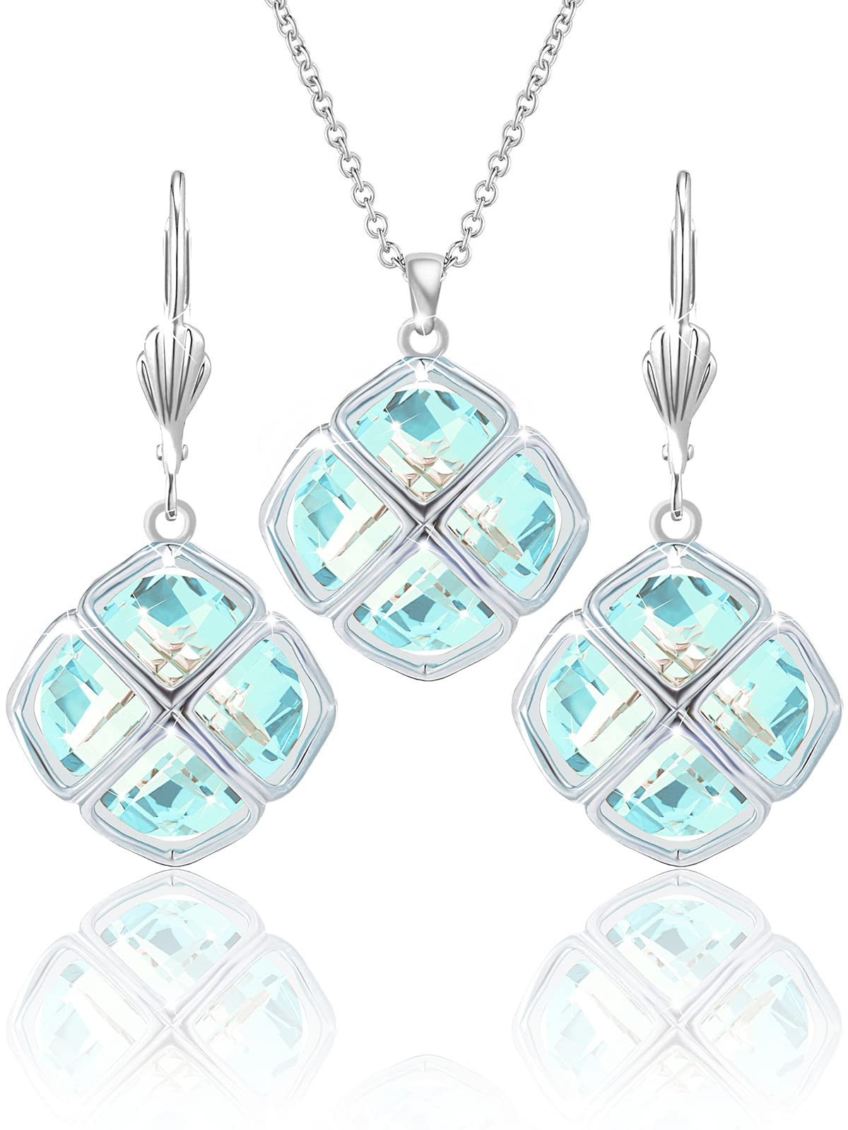 Qinpan 14MM Crystal Pendant Dangle Necklace Earrings Sets for Women Glod Plated Costume Jewelry, 38*17.8mm, Platinum, Aquamarine