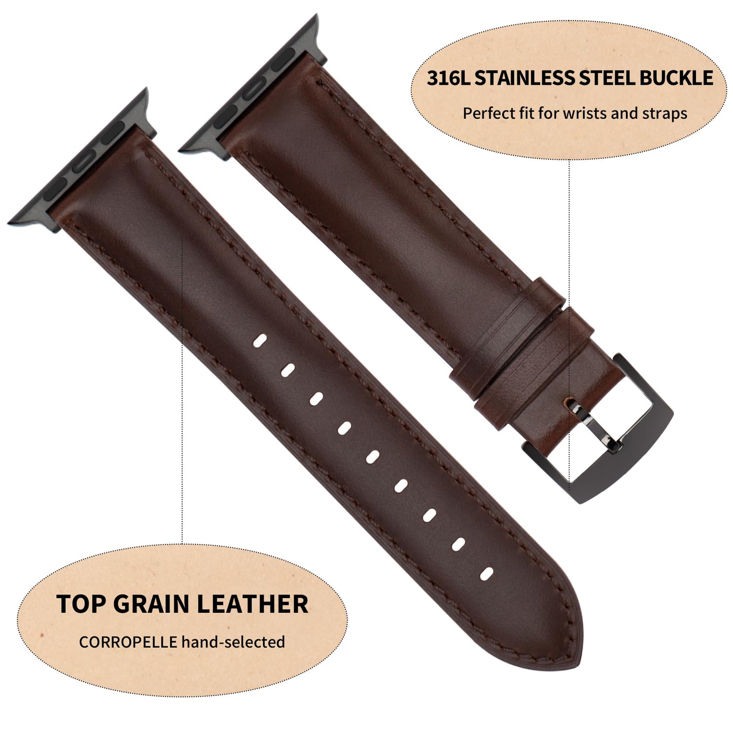 CORROPELLE Leather Watch Bands Compatible with Apple Watch 49mm 46mm 45mm 44mm 42mm, Top Grain Genuine Leather Straps Replacement Band for iWatch Series 11 10 9 8 7 6 5 4 3 2 1 SE3/2/1 Ultra3/2/1