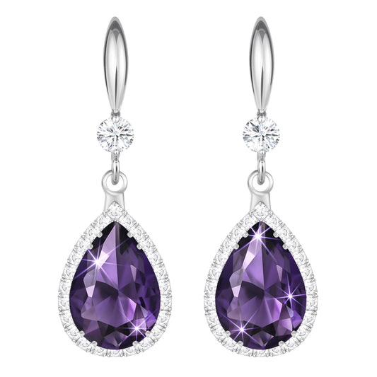 Linawe Silver Purple Dangle Earrings, Amethyst Crystal, Imitation Diamond Drop Chandelier Earrings for Women Trendy, Rhinestone Teardrop Dangly Earrings, Wedding Jewelry Set