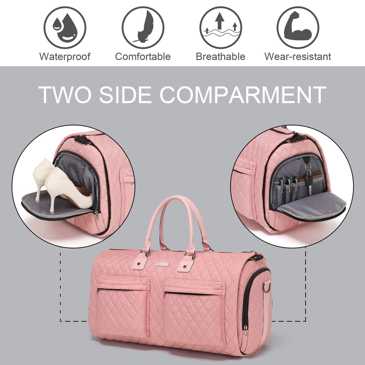 Womens Convertible Garment Bags for Travel, Modoker Waterproof Carry On Garment Bag Garment Duffel Bag - 2 in 1 Hanging Suitcase Suit Travel Luggage Bag, Pink