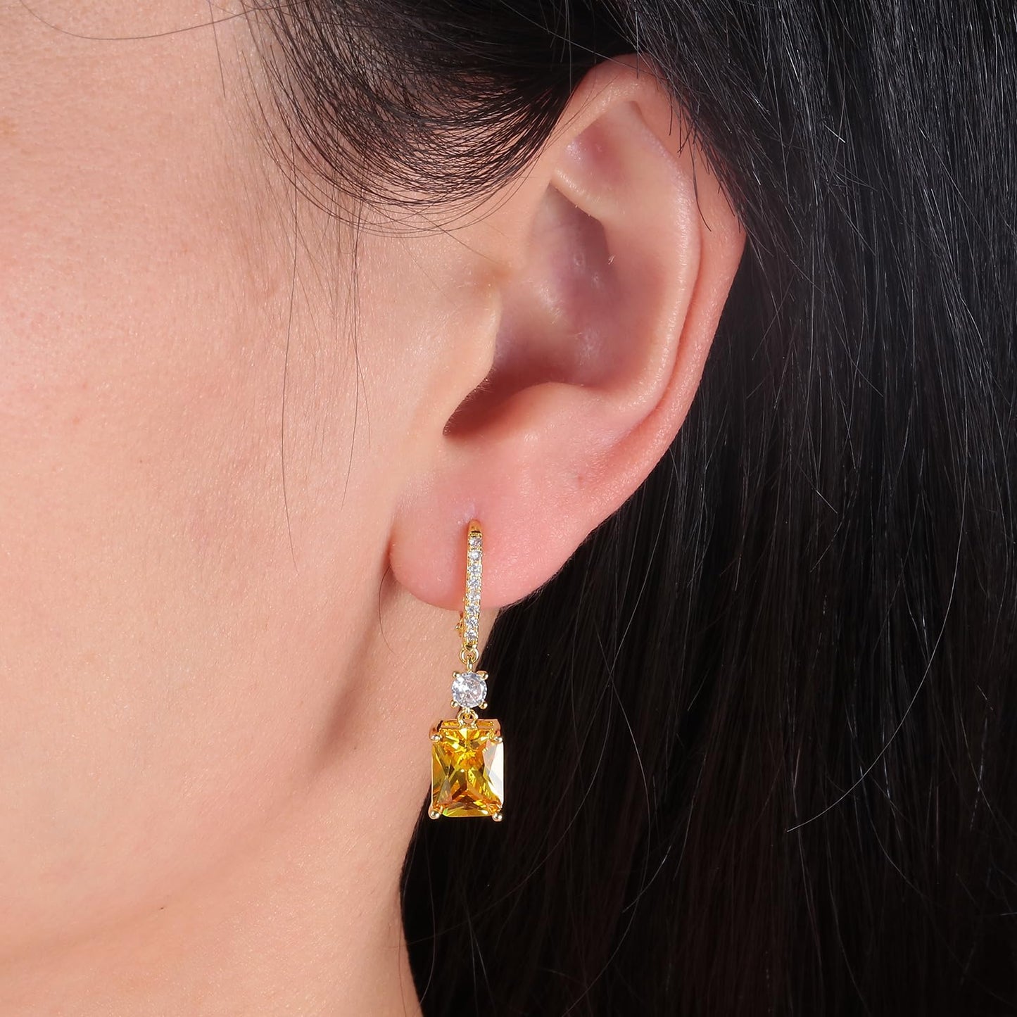 CiNily Leverback Earrings for Women Rectangular-cut Drop Dangle Earring Hypoallergenic, 14K Gold Plated Yellow Cubic Zircon Earrings Diamond Dangle Ear Rings Jewelry Birthday