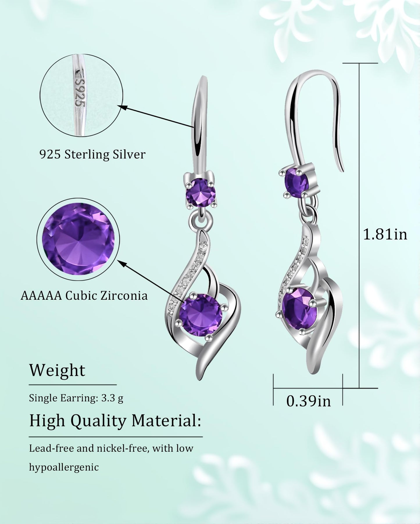 Elaximn Heart Amethyst Drop Dangle Earrings-925 Sterling Silver with Purple Crystals-Long Birthstone Jewellery for Women