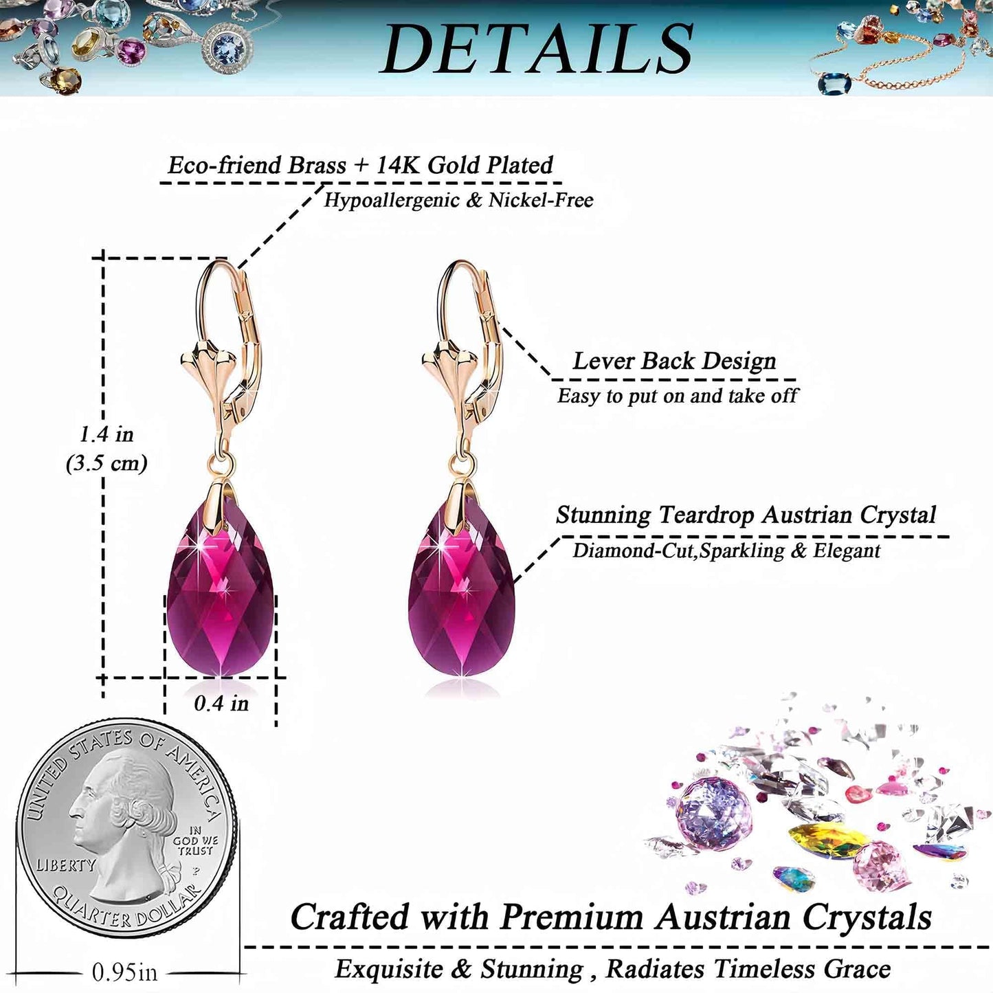 Austrian Crystal Teardrop Leverback Dangle Earrings for Women Fashion 14K Gold Plated Hypoallergenic Jewelry (Fuchsia)