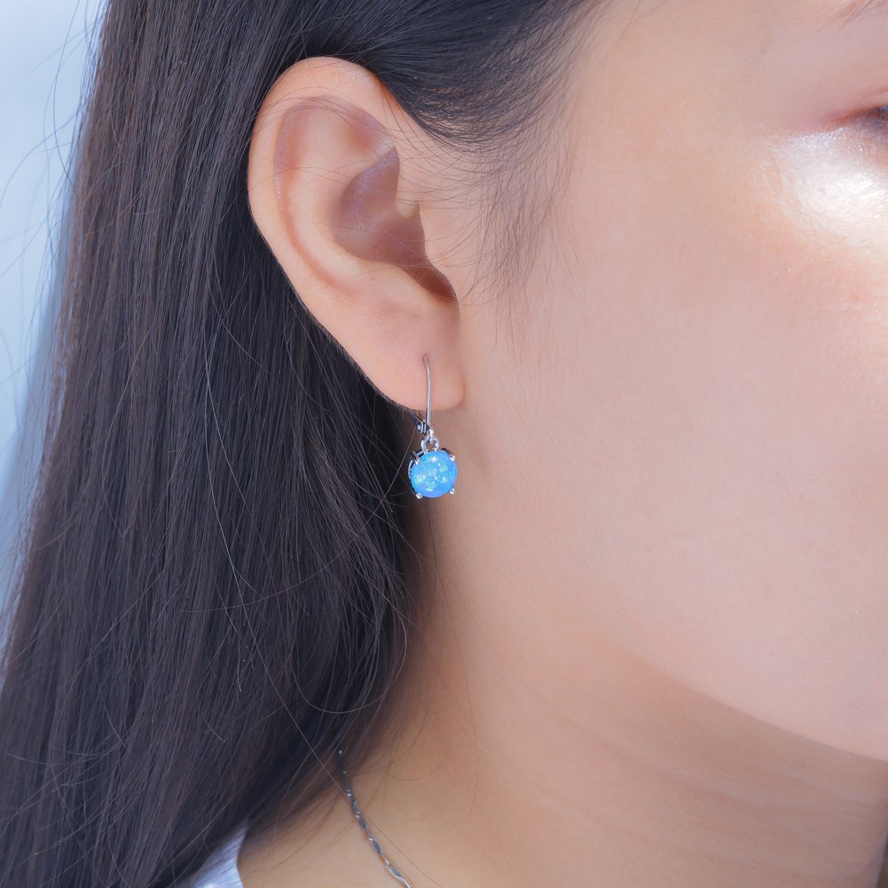 CiNily Round-Cut Opal Dangle Earrings, Blue Fire Opal Rhodium Plated Women Jewelry Leverback Gemstone Drop Earrings