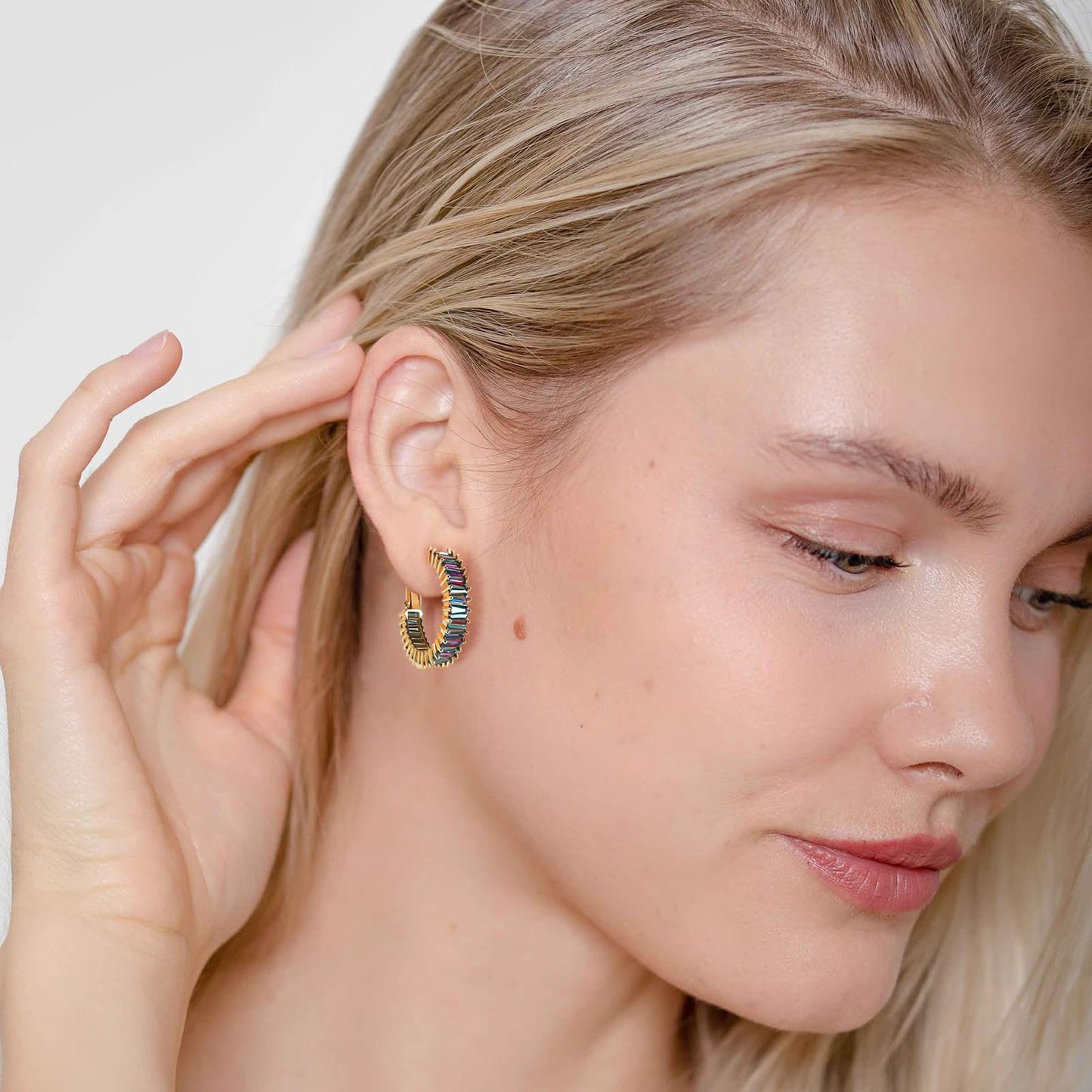 GLOQUAT Mystic Rainbow Quartz Earrings 14K Gold Plated Mystic Topaz Crystal Hoops for Women S925 Silver Post Vintage Baguette Cubic Zirconia Gold Round Circle Hoops Trendy Rhinestone Jewelry 25mm
