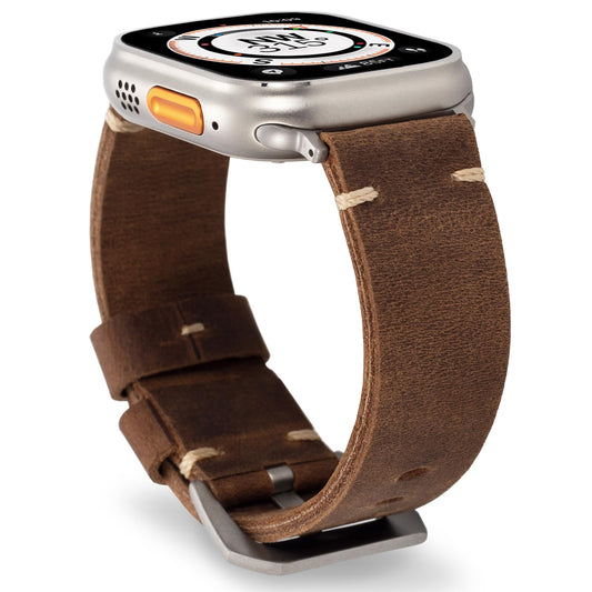 Handmade Double Sided Leather Bands Compatible with Apple Watch Ultra 2/Ultra Band 49mm 46mm 45mm 44mm 42mm ，Men Retro Design Grain Genuine Leather Band For iWatch Series SE 10 9 8 7 6 5 4 3 2 1