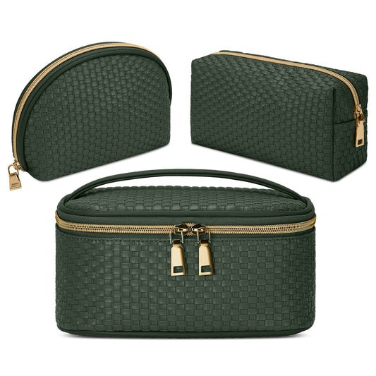 KTMOUW Makeup Bag 3 Pcs Waterproof Cosmetic Bag Set Portable Travel Cosmetic Bag Multifunction Organizer Storage Bag Weave Toiletry Bag for Women, Deep Green