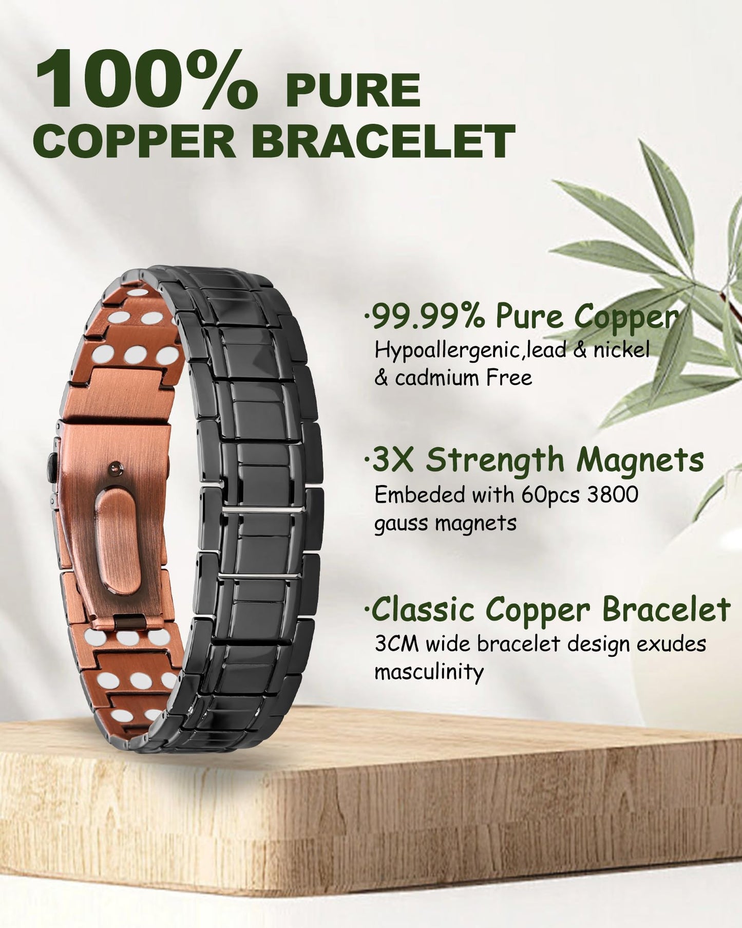 MagEnergy Copper Bracelet for Men, 3X Strength Magnetic Bracelet & 3800 Gauss Magnets, Copper Jewelry Gifts, Premium Fold-Over Clasp