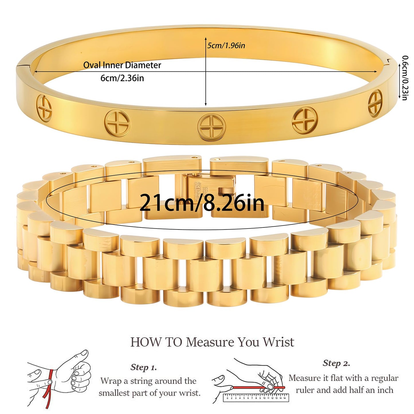 2PCS Gold Chain Link Watch Bracelet Set,18K Gold Plated Stackable Bracelets for Women,Stainless Steel Jewelry with Adjustable Tool, Non-Tarnish Friendship Love Bracelet Gift for Her. (2pcs-B Gold)