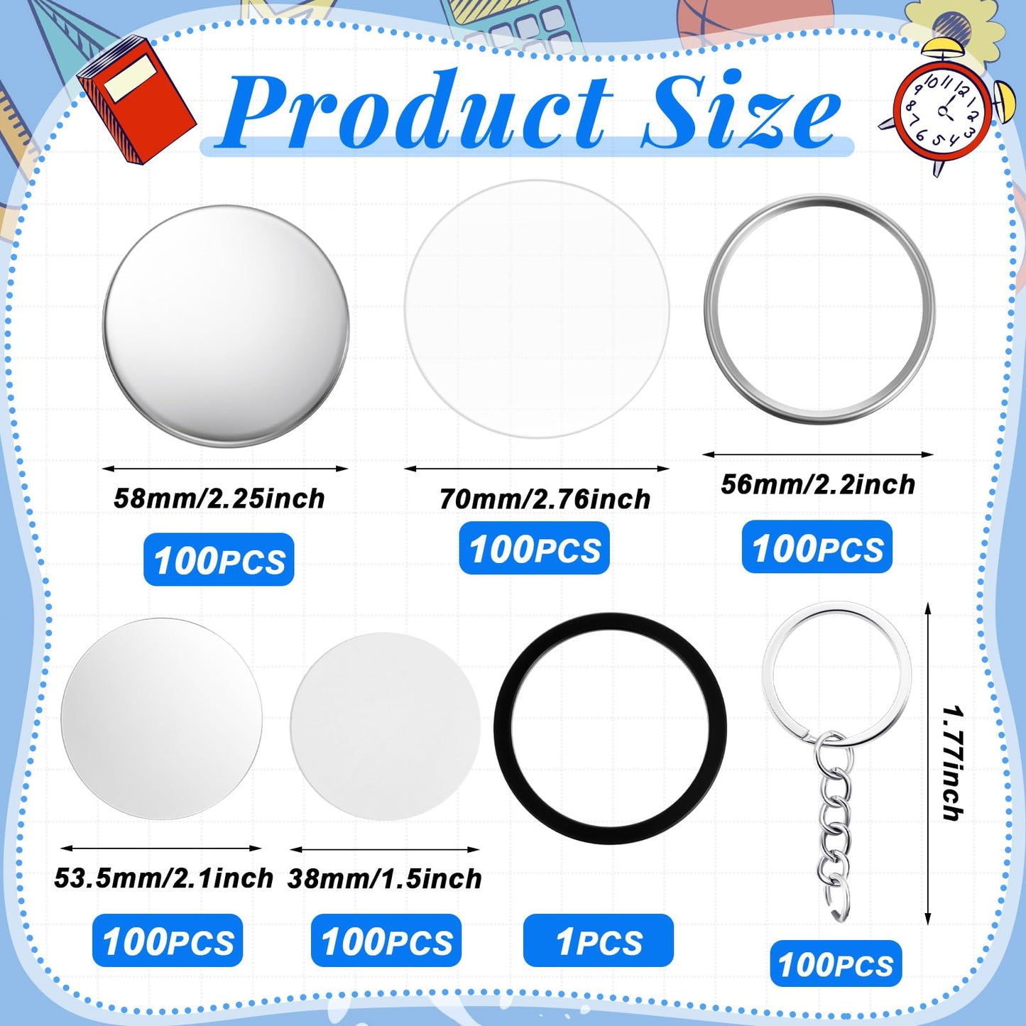 Tondiamo 100 Sets 58 mm/ 2.25 Inch Button Maker Keychains Supplies Metal Button Badge Sets Including Metal Shell, Plastic Film, Backing Parts, Keychain for Maker Machine DIY Gifts (Mirror)